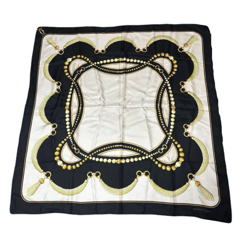 Must de Cartier Square Scarf Black White Gold Silk 34” Square